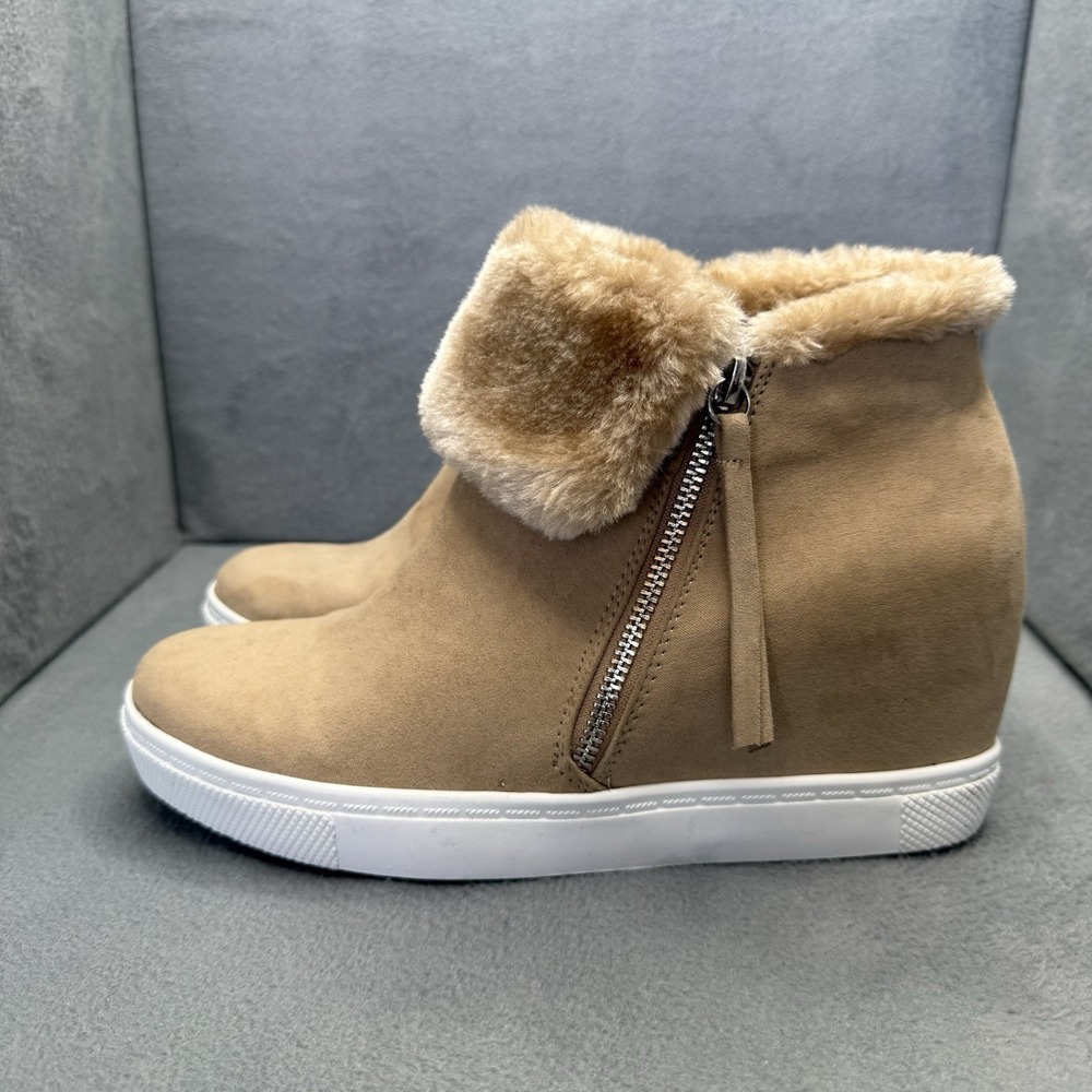 Brash Women's 9.5 Tan Faux Suede Fur Cuff Hidden Wedge Sneaker Booties